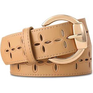 Women Leather Wide Belts Fashion Thick Hollow Beige Belt With Gold Buckle Belt